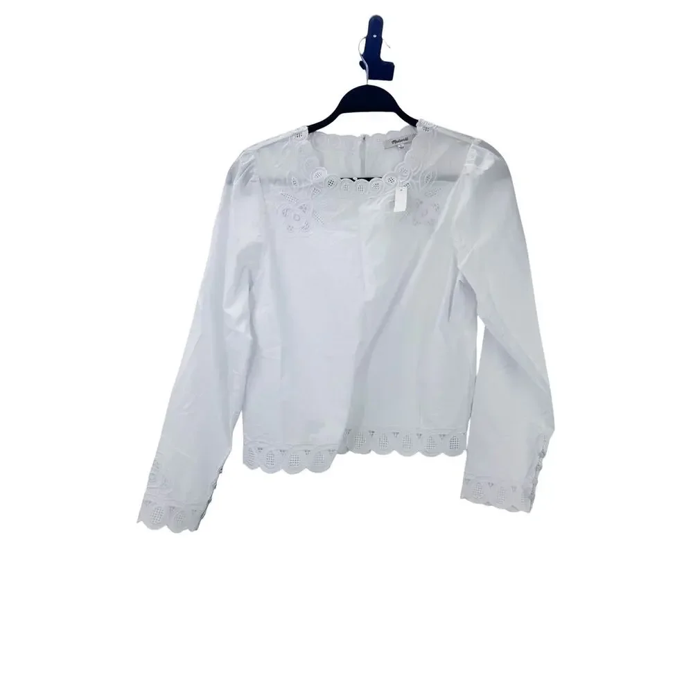 Madewell Women's Embroidered Puff-Sleeve Top in Poplin White Size Small NWT